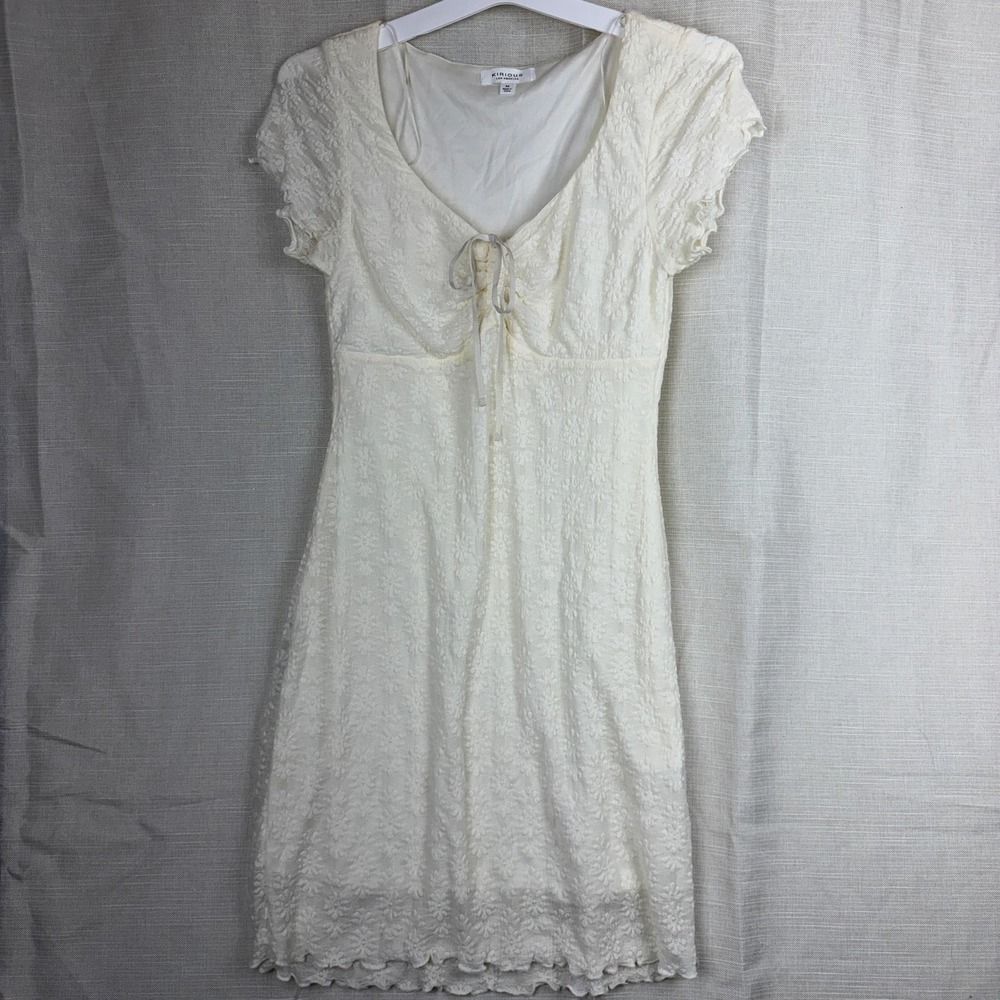 Kirious Dress Womens Medium White Lace‎ Floral Tie Front Short Sleeve Sundress